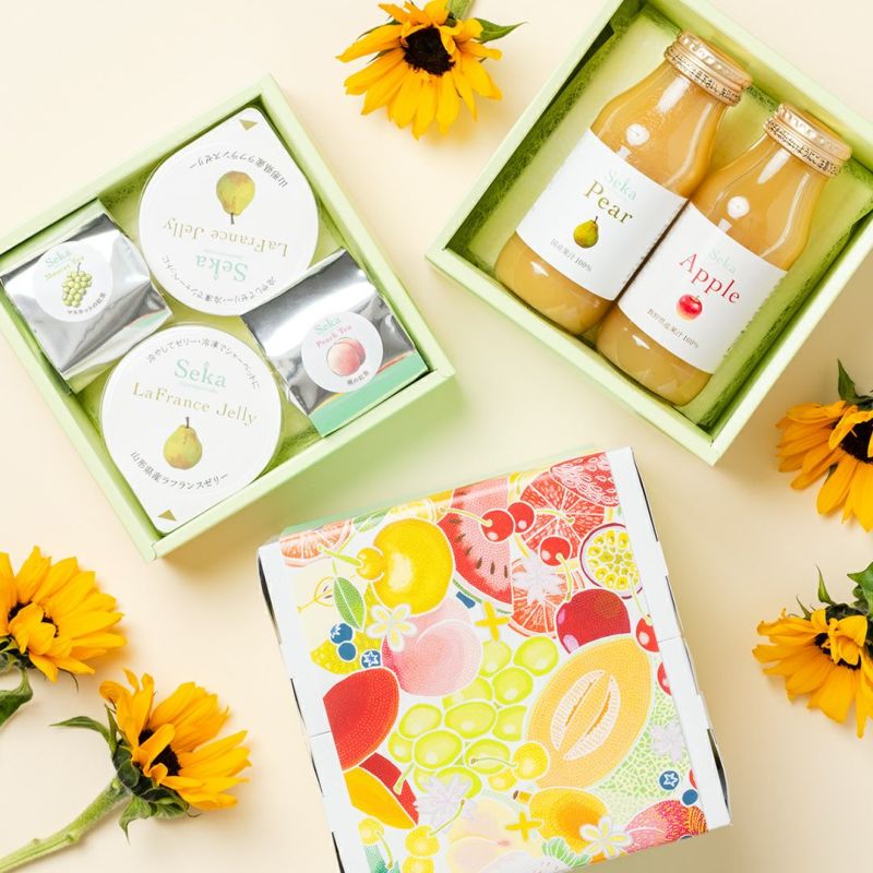 山形ラフランスゼリーとフルーツティー＆国産100％ジュースのミニお重セット