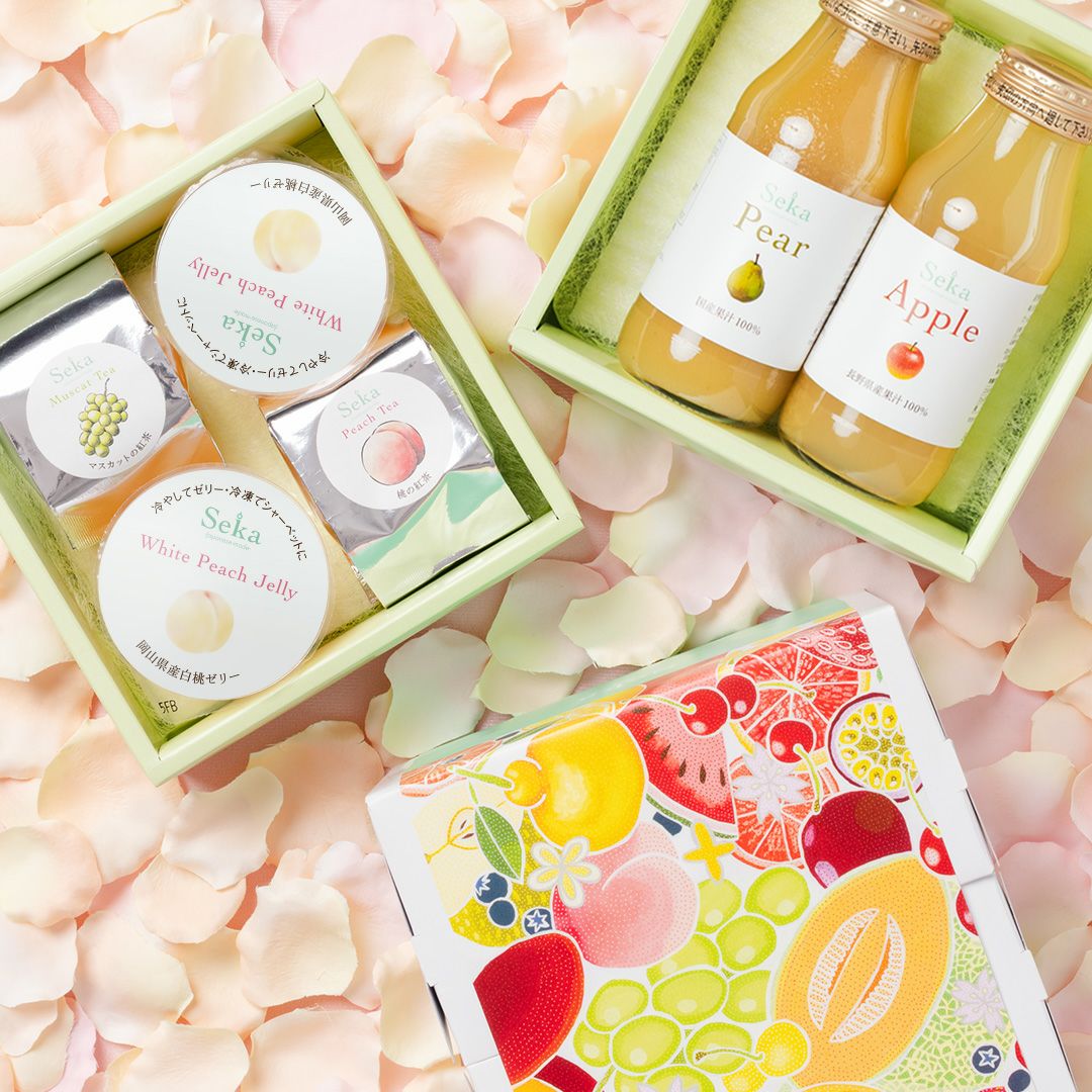 岡山白桃ゼリーとフルーツティー＆国産100％ジュースのミニお重セット