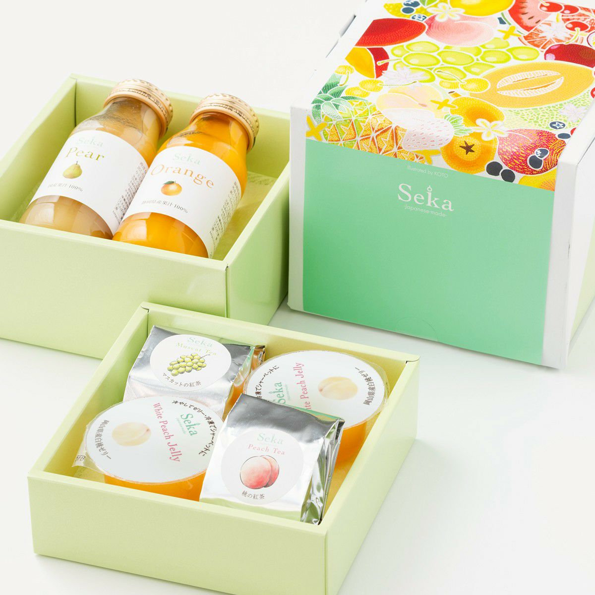 岡山白桃ゼリーとフルーツティー＆国産100％ジュースのミニお重セット