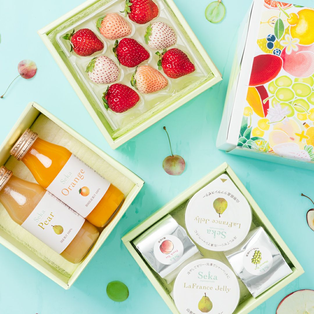 旬の国産プレミアムフルーツ＆山形ラフランスゼリーとフルーツティー&旬の国産フルーツの3段お重セット