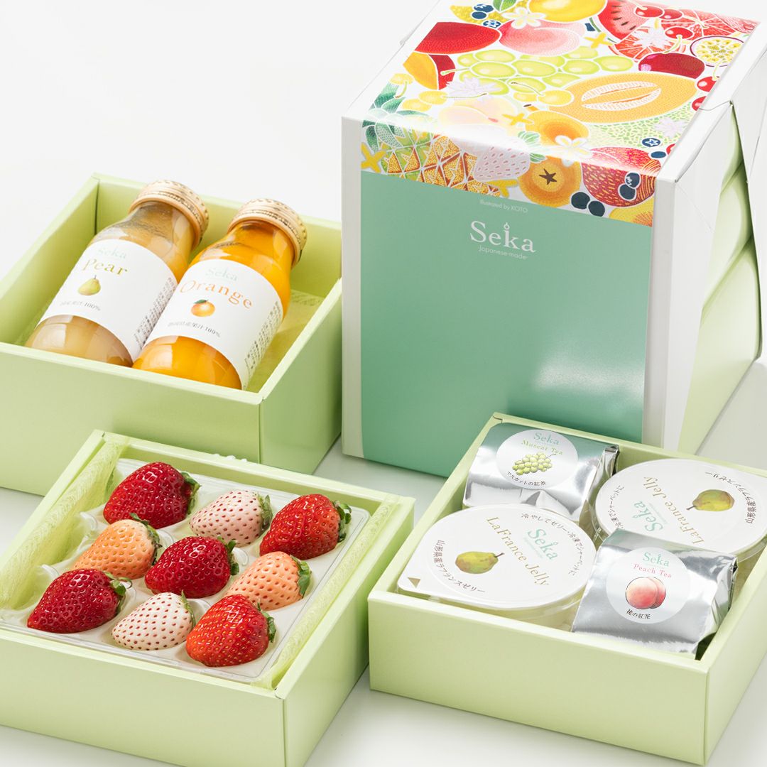旬の国産プレミアムフルーツ＆山形ラフランスゼリーとフルーツティー&旬の国産フルーツの3段お重セット
